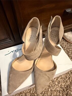 Vince Camuto Taupe Suede Pointed Toe Ankle Strap Heels